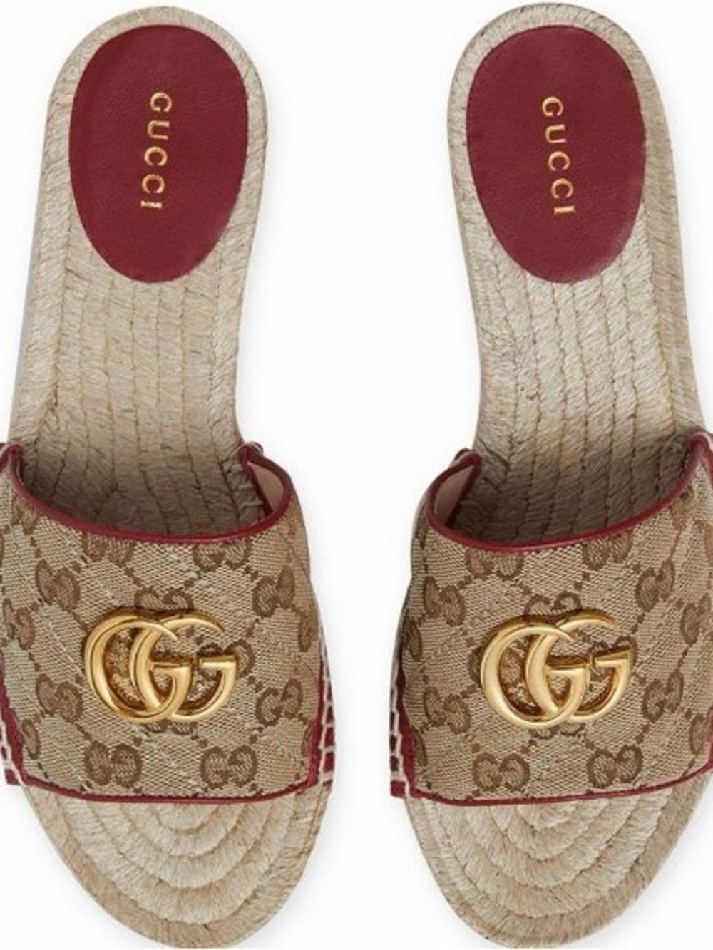 Gucci Beige GG Canvas Slide Sandals with Gold Double G and Red Trim